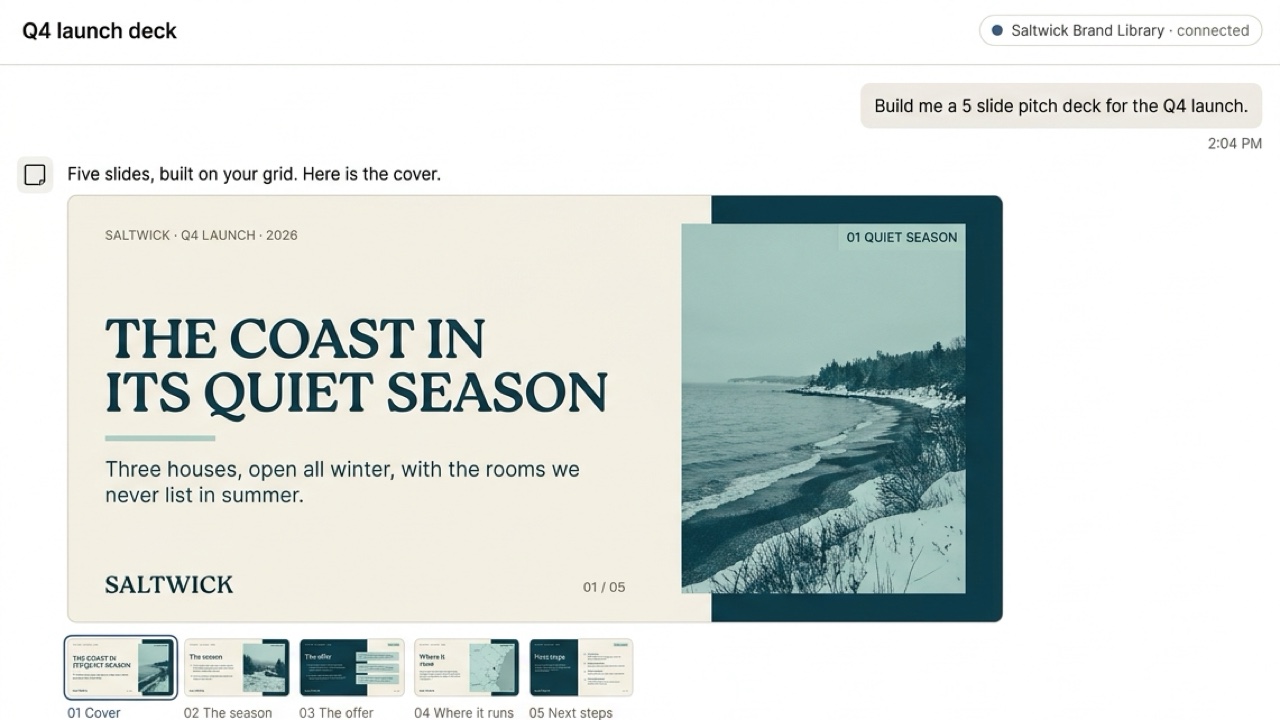 Interface comp: a chat window where the only instruction typed is build me a 5 slide pitch deck for the Q4 launch, and the reply is a cover slide reading The Coast In Its Quiet Season, set in the studio&rsquo;s display serif with a filmstrip of all 5 slides beneath it. Saltwick is a fictional brand invented for this demo.