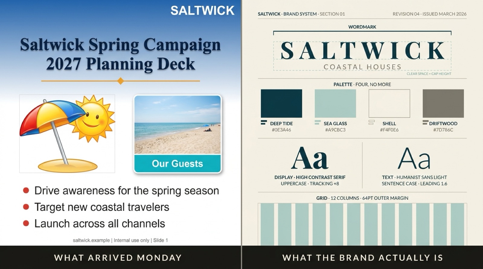 Interface comp: a split screen, the left half labeled what arrived Monday and the right half labeled what the brand actually is. On the left, a client-made Saltwick spring campaign planning deck with clipart of a sun and a beach umbrella, a stock serif headline and red bullets. On the right, the studio&rsquo;s Saltwick brand system: the wordmark inside its clear-space rule, a four-color palette, the display serif and the text sans, and a 12-column grid.