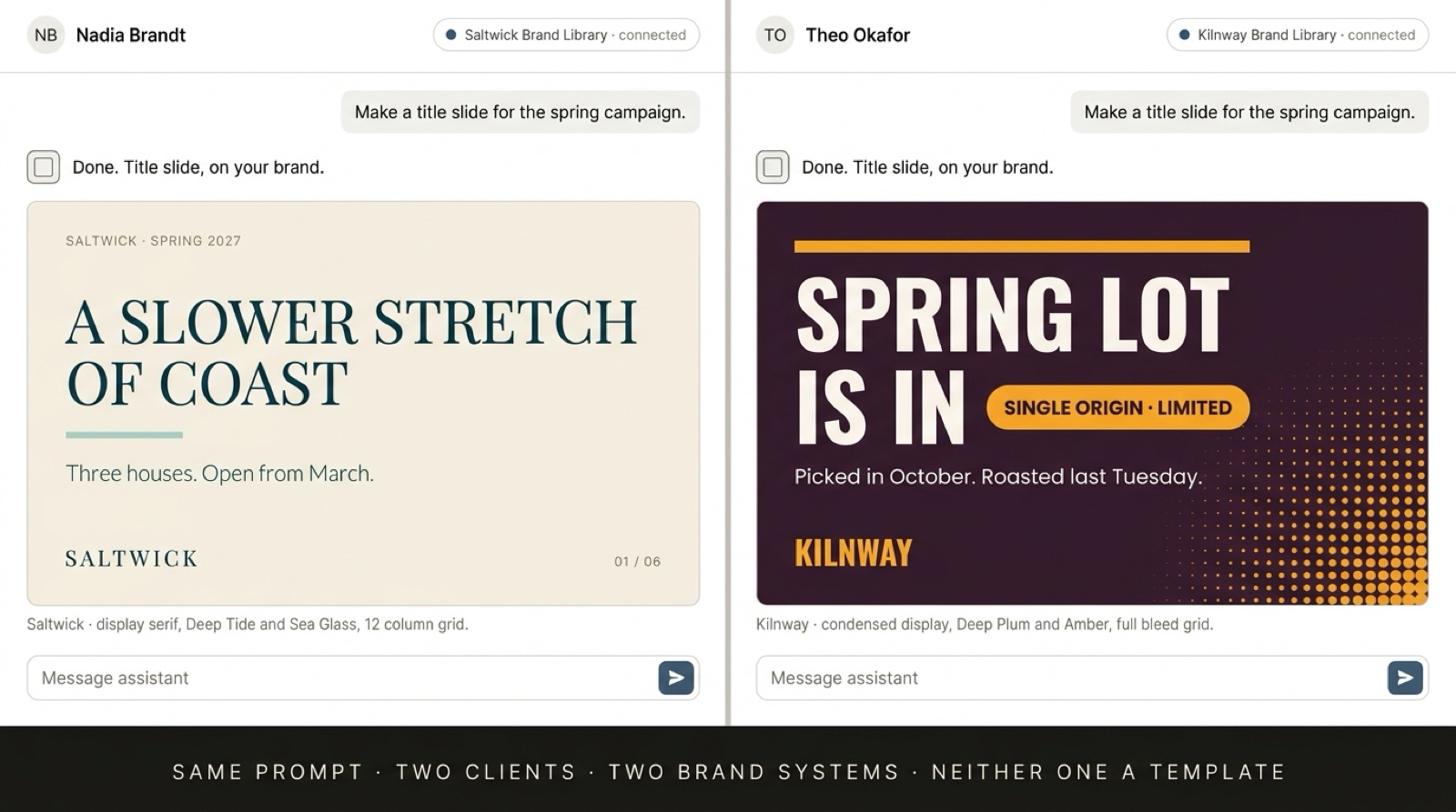 Interface comp: two chat windows side by side carrying the identical prompt "Make a title slide for the spring campaign." One is connected to the Saltwick brand library and returns a pale slide set in a display serif; the other is connected to the Kilnway brand library and returns a plum and amber slide set in a condensed display face. A bar across the foot reads same prompt, two clients, two brand systems, neither one a template.