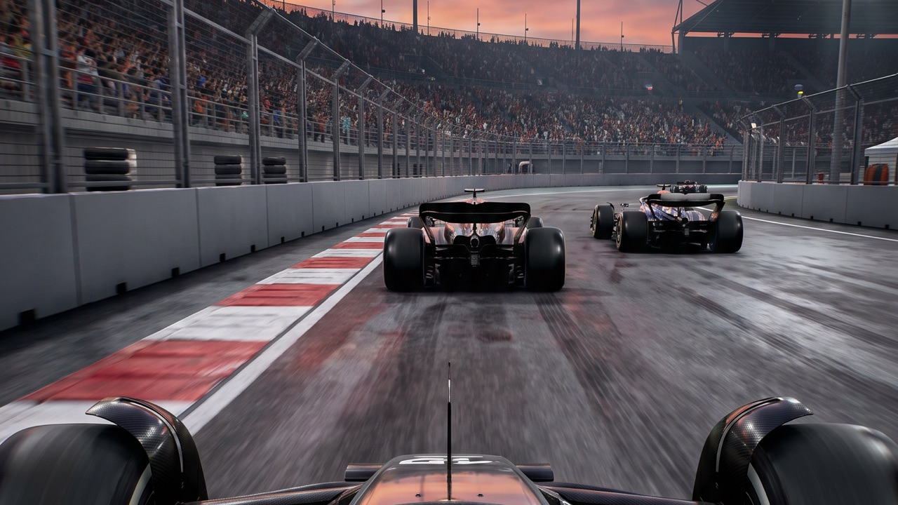 The studio&rsquo;s base game before any prospect run: the cockpit view of a wet night circuit with two unbranded cars ahead, red-and-white kerbs, plain grey barriers and a floodlit grandstand.