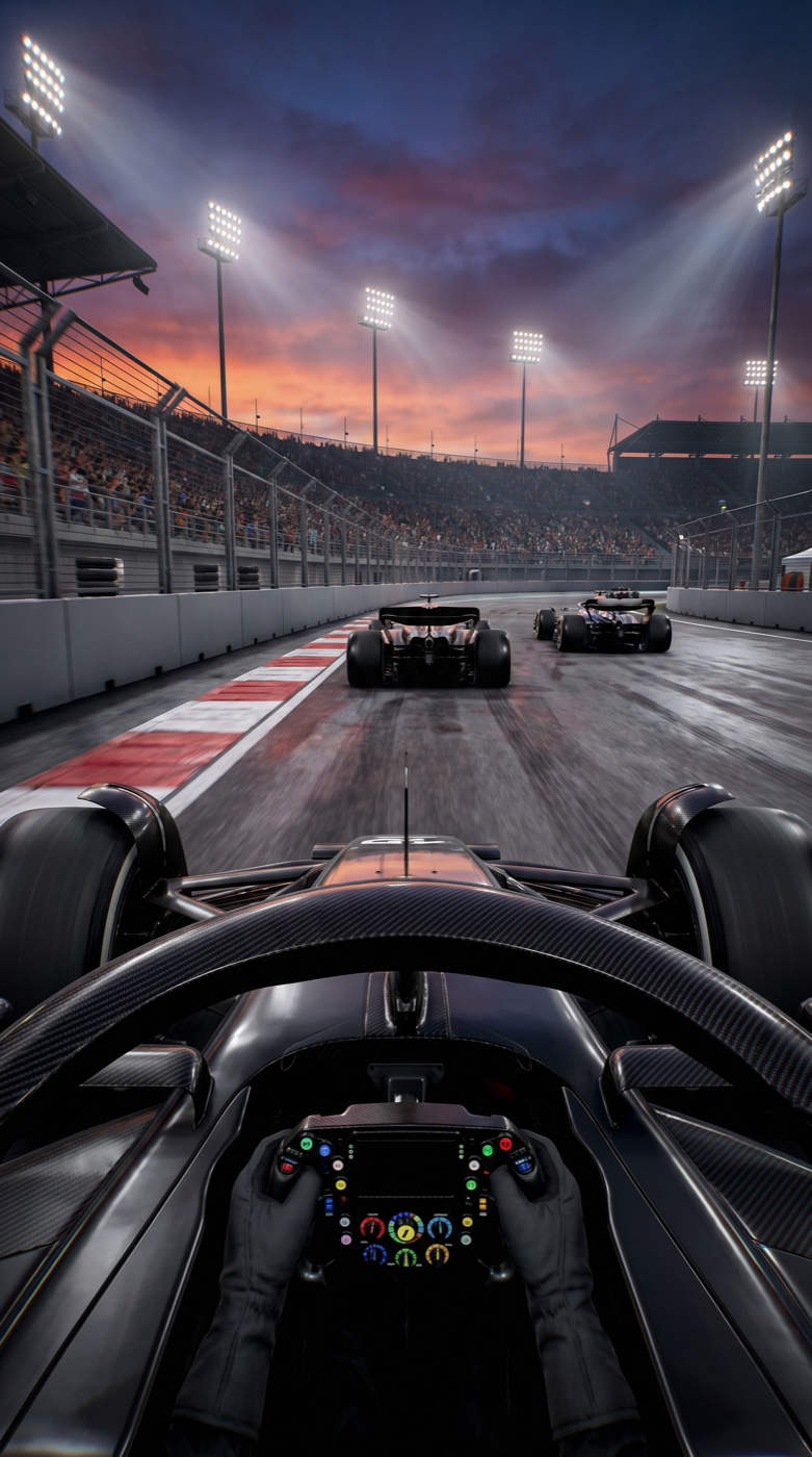 A cockpit view from an open-wheel race car in the studio&rsquo;s base game, shot tall. Two unbranded cars run ahead on a wet night circuit between red-and-white kerbs and plain grey barriers, floodlights and a full grandstand under a sunset sky. Nothing in the frame carries a brand.