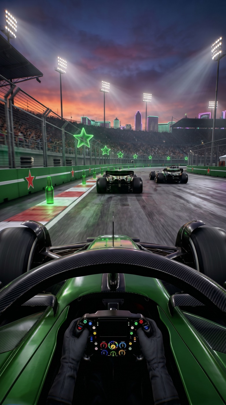 The same cockpit view of the same corner after one prospect run. The barriers, the cars and the driver&rsquo;s own bodywork are rebuilt in the prospect&rsquo;s green, red stars run along the wall, oversized green bottle props stand at the curb, and the brand&rsquo;s star mark hangs over the grandstand as lit signage.