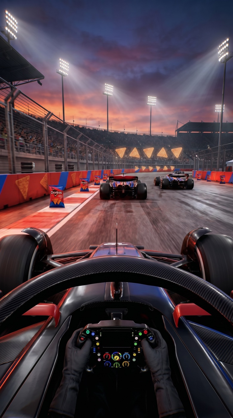 The same corner of the same base game run for a second prospect. The barriers turn red and blue, triangular chip-shaped panels line the wall and hang as signage over the grandstand, an oversized branded snack bag stands at the trackside, and the car&rsquo;s bodywork picks up the same red.