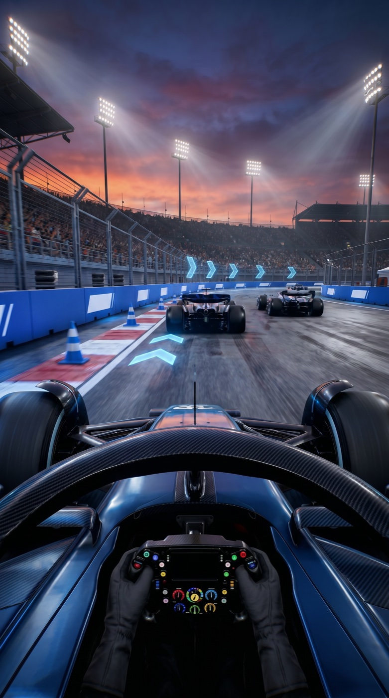The same corner run for a third prospect, a sports broadcaster. The barriers and cones turn blue, cyan chevrons from the broadcaster&rsquo;s mark repeat along the trackside signage and again painted across the asphalt, and the car runs in matching blue.